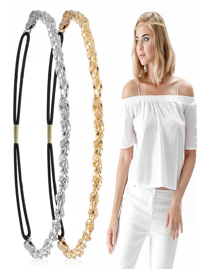 Xyembu 2 PCS Adjustable Silver and Gold Elastic Rhinestone headband, Rhinestone Beaded Headbands, 70s Crystal headbands, Sparkly Crystal Braid Headpiece for Woman Girls Hair Accessories - Image 1